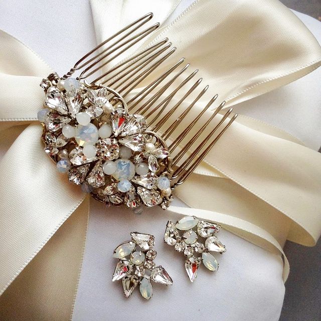 Swarovski Crystal and Opal Bridal Comb and Earrings