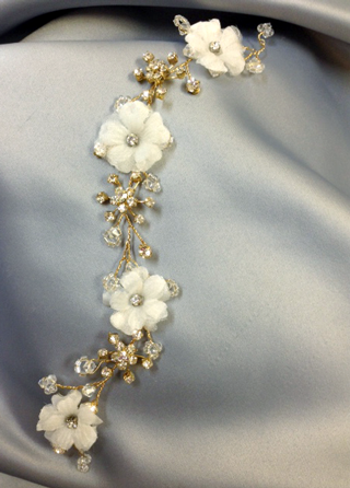 Bridal Gold Wire Hair Vine with Ivory Flowers and Swarovski Crystals